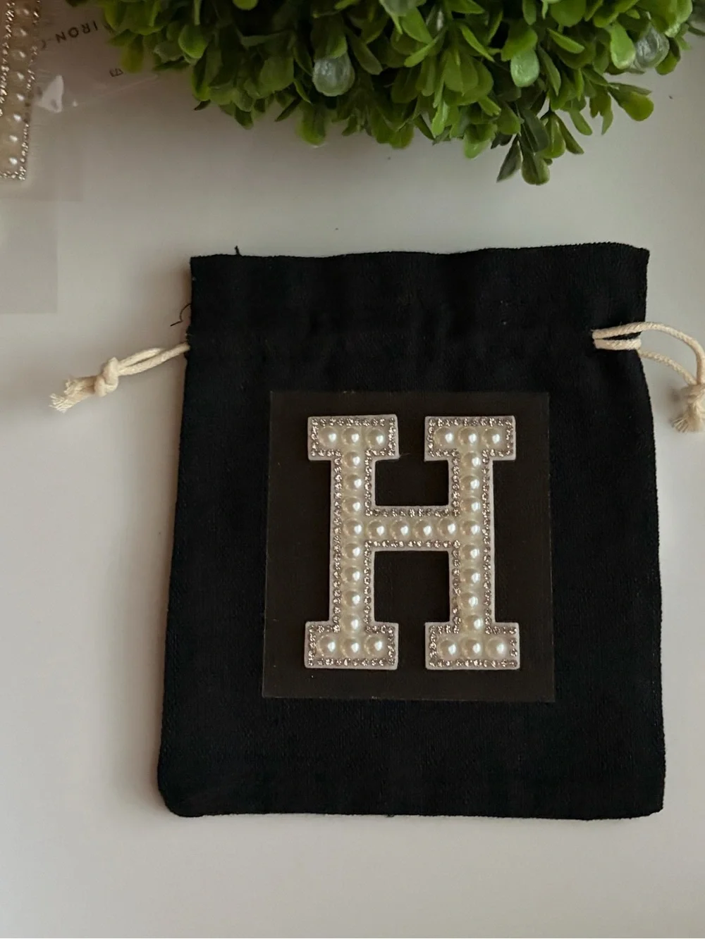 Black Drawstring Pouch with Pearl-Embellished Initial Accent - choose one